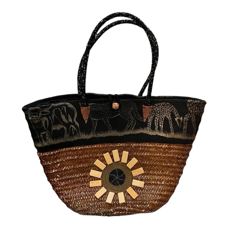 African Handcrafted Woven Palm Leaf Tote – Beaded Handles, Animal Print, & Sunbu